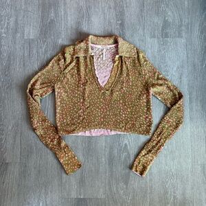 Free People Green and Pink Long Sleeve Crop Top